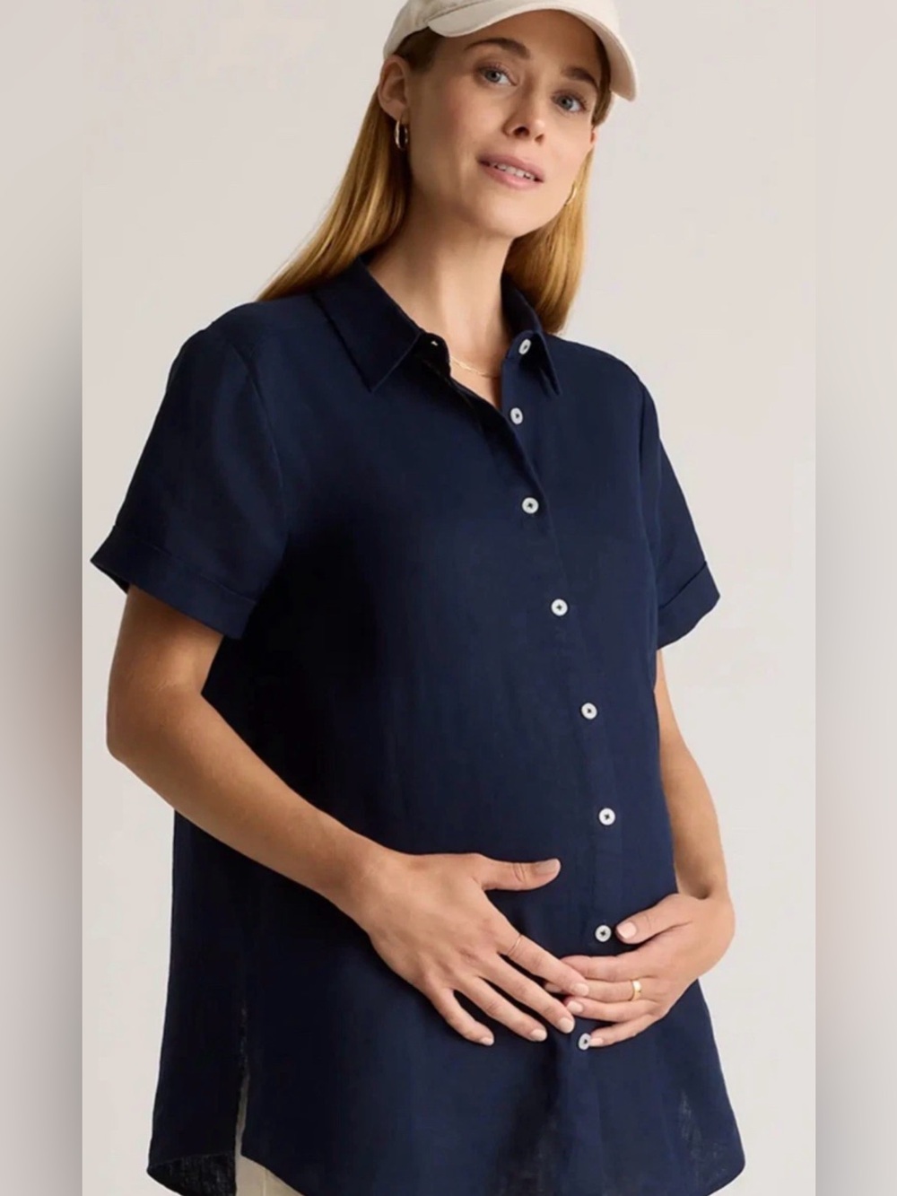 Quince Quiet Luxury Deep Navy European Linen Short Sleeve Maternity Shirt Top L
